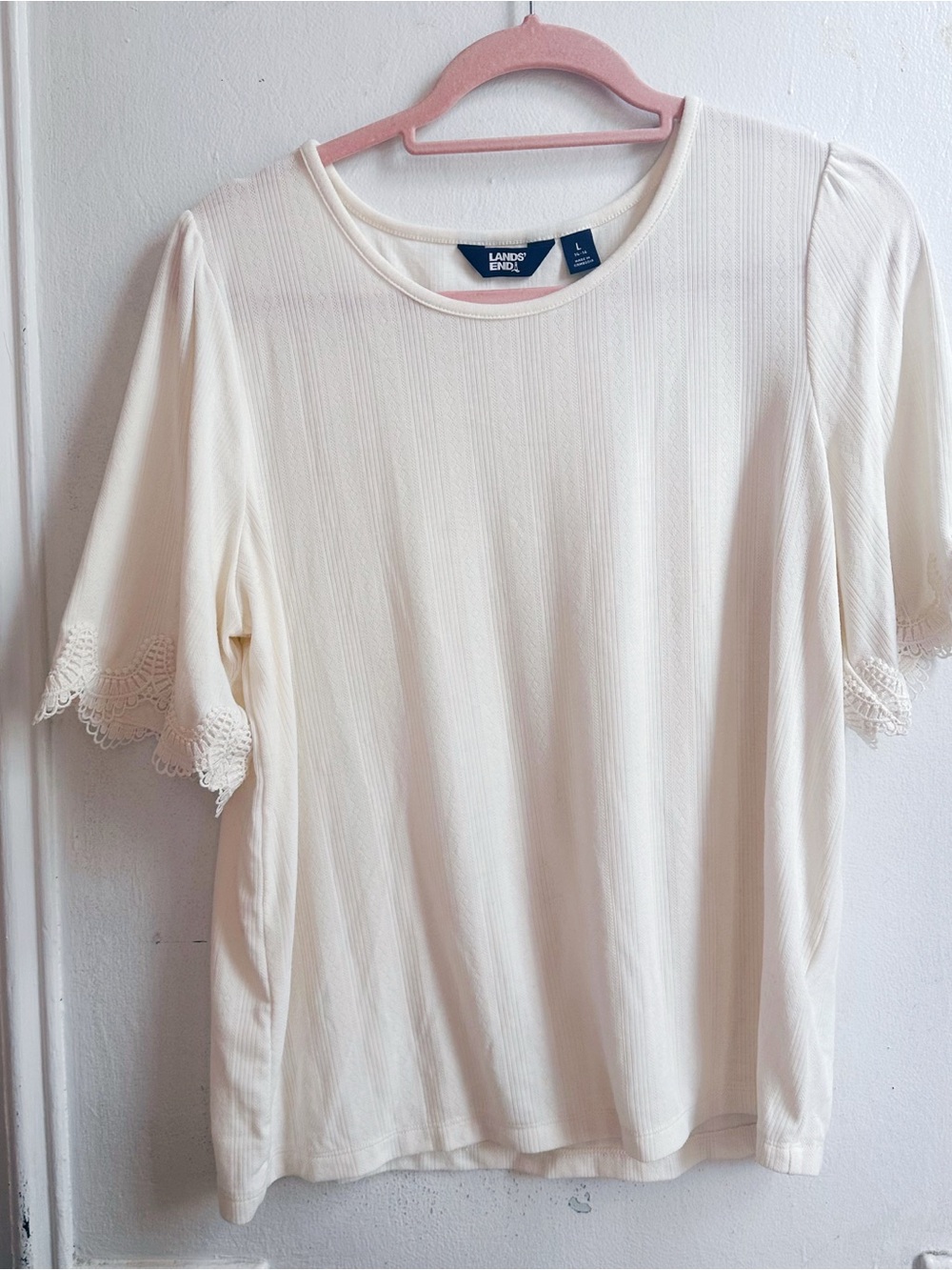 Adorable vintage Lands' End Cream Lace-Sleeve Women's Top large delicate
